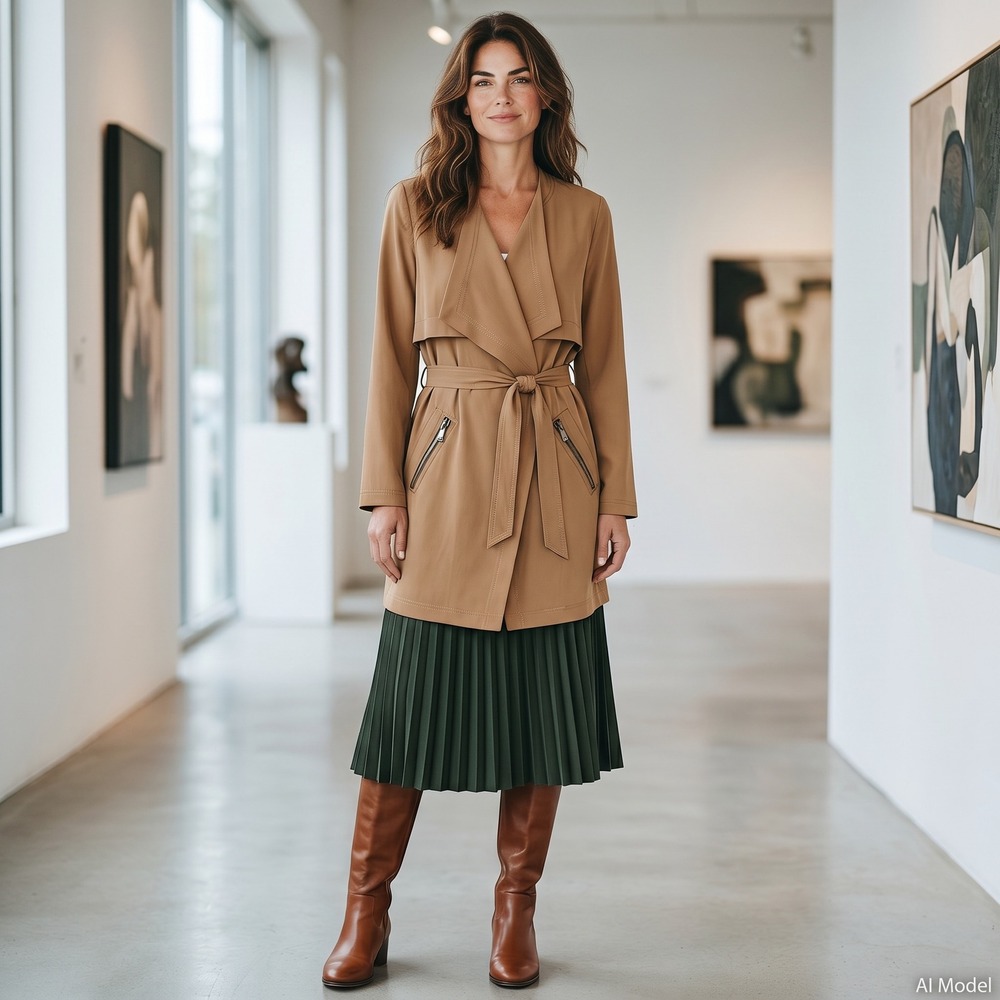Cartonnier Vero Moda Trench Coat Women Large Tan Lyocell Draped Tie Belt Jacket